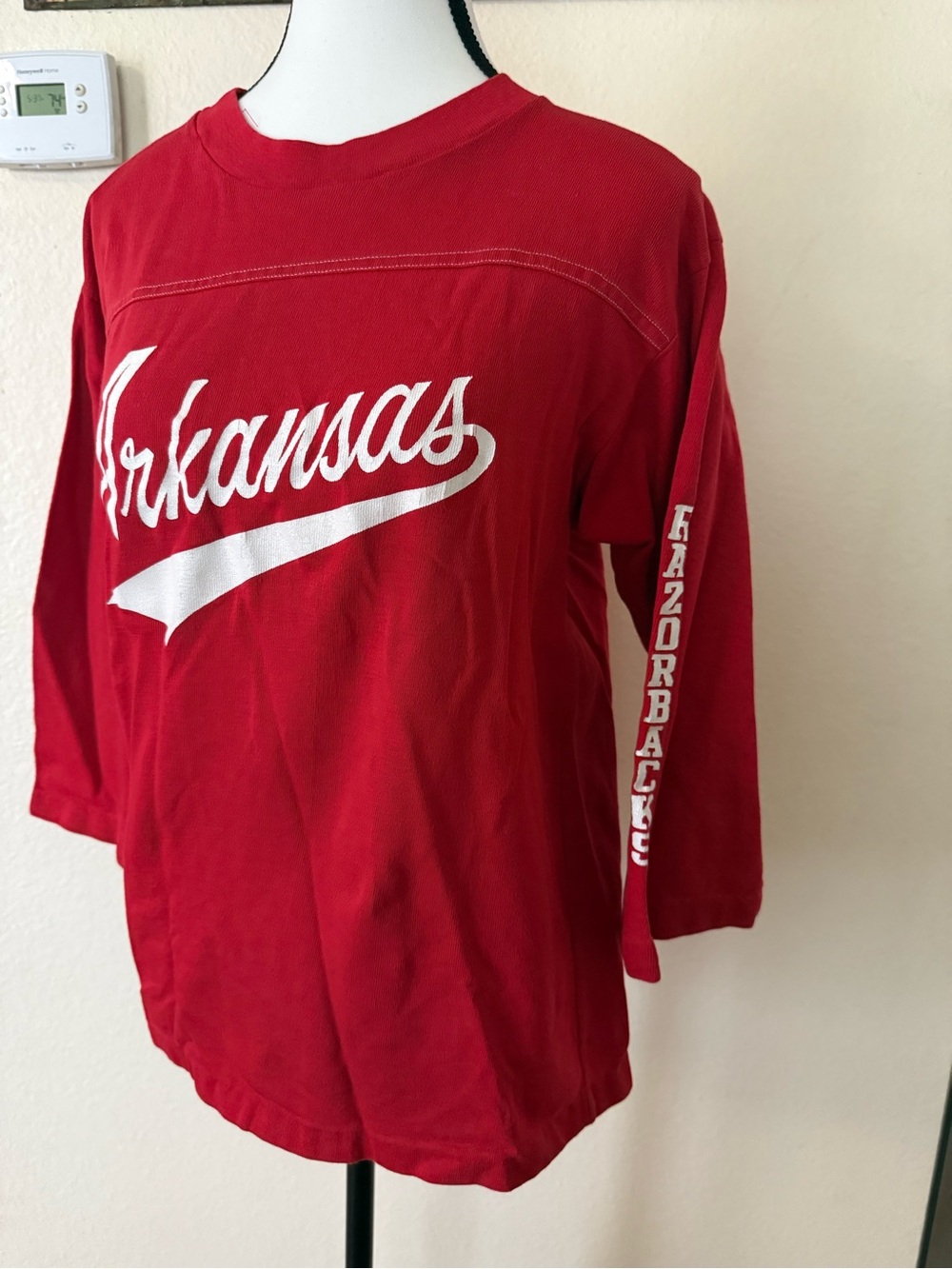 Vintage Artex Red Large 3/4 Sleeve Arkansas Razorbacks Shirt Logo Spirit Jersey